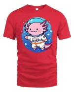 Cute Axolotl Astronaut Space Cartoon Graphic T Shirt Tee - red t-shirt on white background