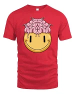 Funny Brain Melt Smiley Face Graphic T Shirt Humor Tee - red t-shirt on white background