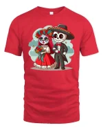 Cute Day Of Dead Couple Cartoon Skull Graphic T Shirt Tee - red t-shirt on white background