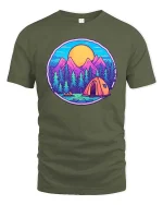 Mountain Camping Sunset Forest Adventure Graphic T Shirt - military green t-shirt on white background