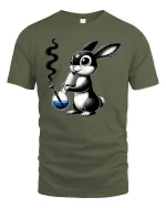 Funny Bunny Smoking Bong Cartoon Graphic T Shirt Tee - military green t-shirt on white background