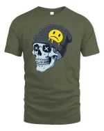 Edgy Skull Beanie Sad Smiley Graphic T Shirt Street Tee - military green t-shirt on white background