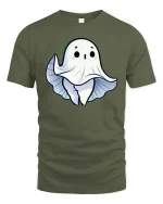 Cute Ghost Peek Boo Cartoon Halloween Graphic T Shirt Tee - military green t-shirt on white background