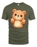 Cute Bear Finger Heart Cartoon Kawaii Graphic T Shirt Tee - military green t-shirt on white background
