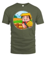 Happy Farmer Harvest Cartoon Graphic T Shirt Rustic Tee - military green t-shirt on white background