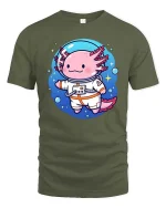 Cute Axolotl Astronaut Space Cartoon Graphic T Shirt Tee - military green t-shirt on white background