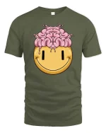 Funny Brain Melt Smiley Face Graphic T Shirt Humor Tee - military green t-shirt on white background