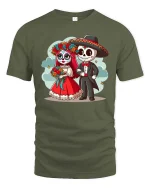 Cute Day Of Dead Couple Cartoon Skull Graphic T Shirt Tee - military green t-shirt on white background