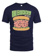 Hi Buddy Eat This Brain Burger Funny Graphic T Shirt - navy t-shirt on white background