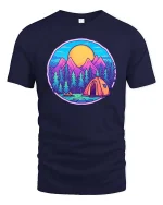 Mountain Camping Sunset Forest Adventure Graphic T Shirt - navy t-shirt on white background