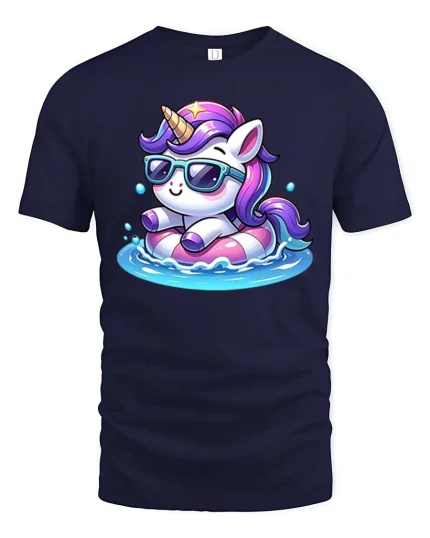 Cute Unicorn Pool Float Sunglasses Summer Graphic T Shirt - navy t-shirt on white background