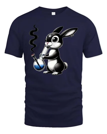 Funny Bunny Smoking Bong Cartoon Graphic T Shirt Tee - navy t-shirt on white background