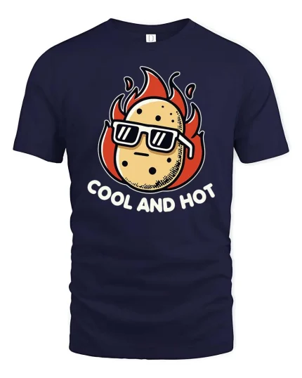 Cool And Hot Funny Potato Fire Graphic T Shirt Tee - navy t-shirt on white background