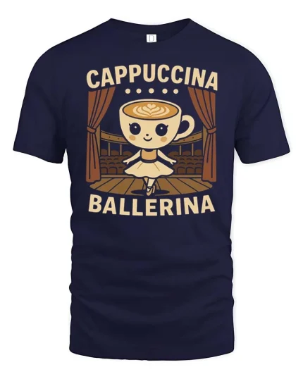 Cute Cappuccina Ballerina Coffee Graphic T Shirt Tee - navy t-shirt on white background