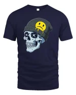 Edgy Skull Beanie Sad Smiley Graphic T Shirt Street Tee - navy t-shirt on white background