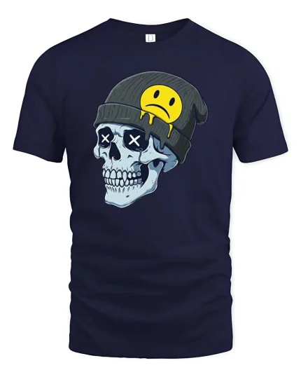 Edgy Skull Beanie Sad Smiley Graphic T Shirt Street Tee - navy t-shirt on white background