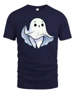 Cute Ghost Peek Boo Cartoon Halloween Graphic T Shirt Tee - navy t-shirt on white background