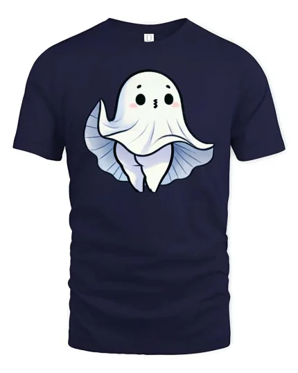 Cute Ghost Peek Boo Cartoon Halloween Graphic T Shirt Tee - navy t-shirt on white background
