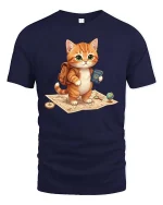 Cute Travel Cat Explorer Passport Adventure T Shirt Tee - navy t-shirt on white background