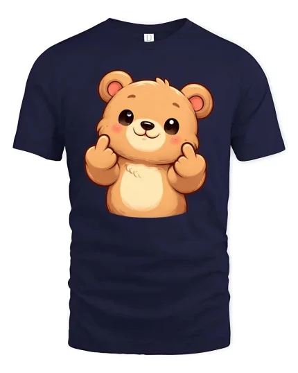 Cute Bear Finger Heart Cartoon Kawaii Graphic T Shirt Tee - navy t-shirt on white background