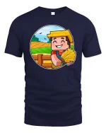 Happy Farmer Harvest Cartoon Graphic T Shirt Rustic Tee - navy t-shirt on white background
