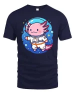 Cute Axolotl Astronaut Space Cartoon Graphic T Shirt Tee - navy t-shirt on white background
