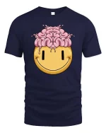 Funny Brain Melt Smiley Face Graphic T Shirt Humor Tee - navy t-shirt on white background