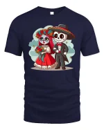 Cute Day Of Dead Couple Cartoon Skull Graphic T Shirt Tee - navy t-shirt on white background