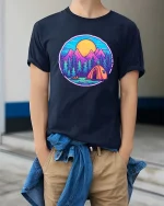 Mountain Camping Sunset Forest Adventure Graphic T Shirt - model wearing navy tee with hands in pockets
