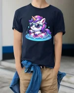 Cute Unicorn Pool Float Sunglasses Summer Graphic T Shirt - model wearing navy tee with hands in pockets