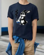 Funny Bunny Smoking Bong Cartoon Graphic T Shirt Tee - model wearing navy tee with hands in pockets