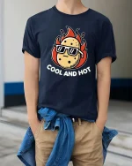 Cool And Hot Funny Potato Fire Graphic T Shirt Tee - model wearing navy tee with hands in pockets