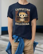 Cute Cappuccina Ballerina Coffee Graphic T Shirt Tee - model wearing navy tee with hands in pockets