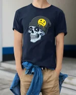 Edgy Skull Beanie Sad Smiley Graphic T Shirt Street Tee - model wearing navy tee with hands in pockets