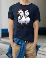 Funny Chicken Guess What Butt Joke Graphic T Shirt Tee - model wearing navy tee with hands in pockets