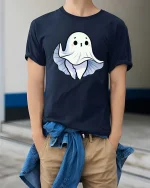 Cute Ghost Peek Boo Cartoon Halloween Graphic T Shirt Tee - model wearing navy tee with hands in pockets