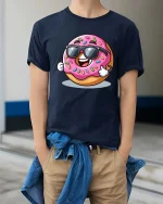 Cool Donut Sunglasses Cartoon Funny Graphic T Shirt Tee - model wearing navy tee with hands in pockets