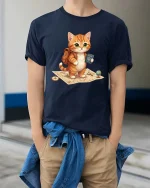 Cute Travel Cat Explorer Passport Adventure T Shirt Tee - model wearing navy tee with hands in pockets