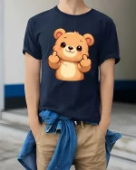 Cute Bear Finger Heart Cartoon Kawaii Graphic T Shirt Tee - model wearing navy tee with hands in pockets
