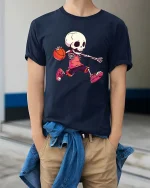 Funny Skeleton Basketball Player Graphic T Shirt Street - model wearing navy tee with hands in pockets