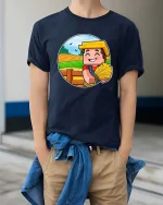 Happy Farmer Harvest Cartoon Graphic T Shirt Rustic Tee - model wearing navy tee with hands in pockets