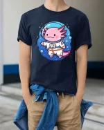 Cute Axolotl Astronaut Space Cartoon Graphic T Shirt Tee - model wearing navy tee with hands in pockets