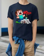Funny Gamer Nooo Crying Pixel Hero Graphic T Shirt Tee - model wearing navy tee with hands in pockets