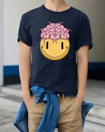 Funny Brain Melt Smiley Face Graphic T Shirt Humor Tee - model wearing navy tee with hands in pockets