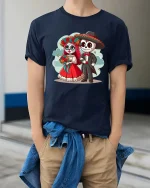Cute Day Of Dead Couple Cartoon Skull Graphic T Shirt Tee - model wearing navy tee with hands in pockets