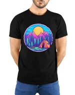 Mountain Camping Sunset Forest Adventure Graphic T Shirt - model wearing black tee with hands behind back