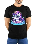 Cute Unicorn Pool Float Sunglasses Summer Graphic T Shirt - model wearing black tee with hands behind back