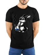 Funny Bunny Smoking Bong Cartoon Graphic T Shirt Tee - model wearing black tee with hands behind back