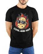 Cool And Hot Funny Potato Fire Graphic T Shirt Tee - model wearing black tee with hands behind back