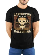 Cute Cappuccina Ballerina Coffee Graphic T Shirt Tee - model wearing black tee with hands behind back